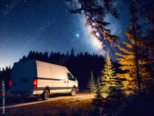 Van parked in a forest clearing, remote working theme, composed quietness