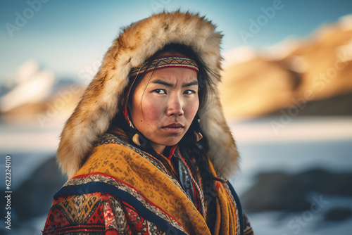 Portrait of a traditional and beautifully captivating Greenland woman, exuding the charm of the Arctic wilderness photo