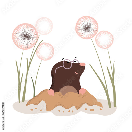 Cute baby mole come out of the hole. Vector cartoon illustration