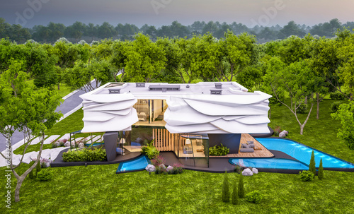 3d rendering of cute cozy modern house with bionic natural curves plastic forms with parking and pool for sale or rent with beautiful landscape. Clear summer evening with cozy light from window