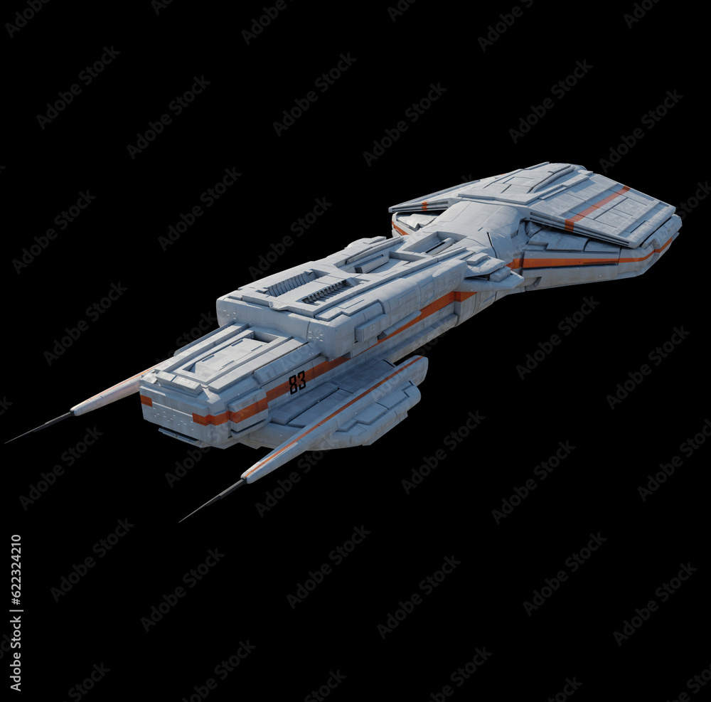 Medium Space Ship with White and Orange Colour Scheme on Black Background - Front View. 3d digitally rendered science fiction illustration