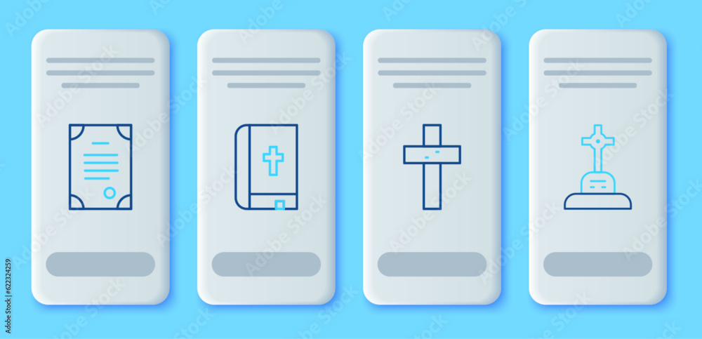 Set line Holy bible book, Christian cross, Death certificate and Grave with icon. Vector