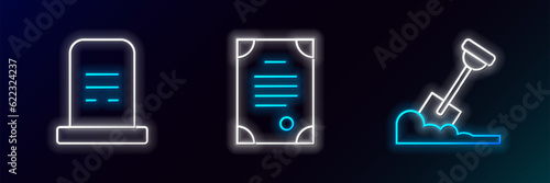 Set line Shovel in the ground, Grave with tombstone and Death certificate icon. Glowing neon. Vector