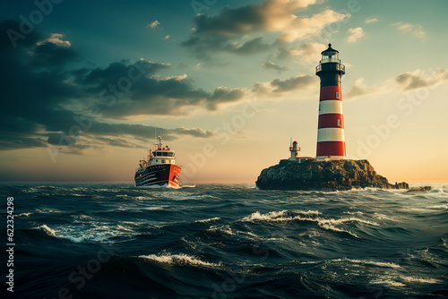 Fotótapéta A lighthouse guiding a ship at sea