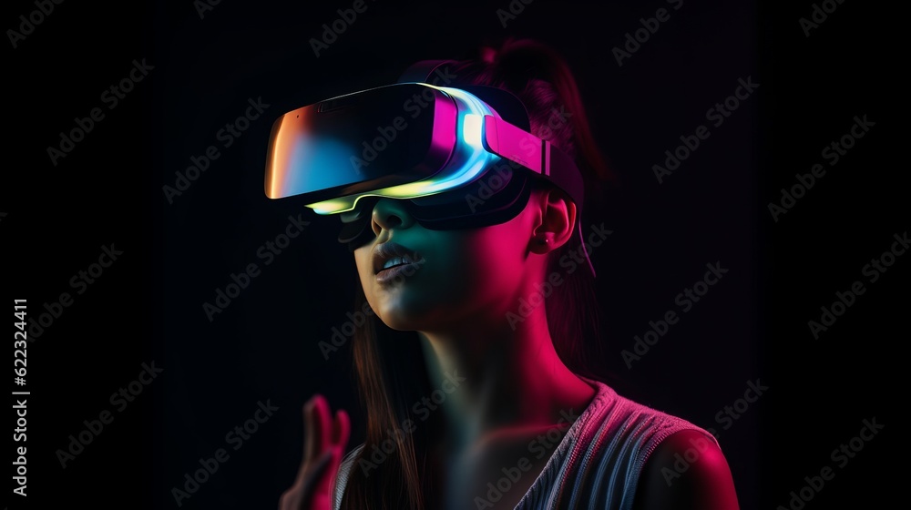Virtual reality 3d augmented experience exited digital generate person wear vr glasses goggle headset hand gesture touch 3d object in virtual world fun cheerful and remarkable,generative ai Virtual reality 3d augmented experience exited digital generate person wear vr glasses goggle headset hand gesture touch 3d object in virtual world fun cheerful and remarkable,generative ai