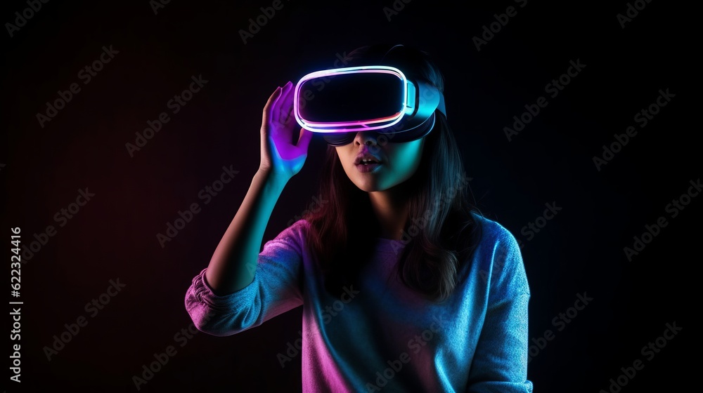 Augmented reality virtual wearable vr glasses goggle technology future concept people female wear simulator headset 3d interactive innovation cyber,generative ai Augmented reality virtual wearable vr glasses goggle technology future concept people female wear simulator headset 3d interactive innovation cyber,generative ai