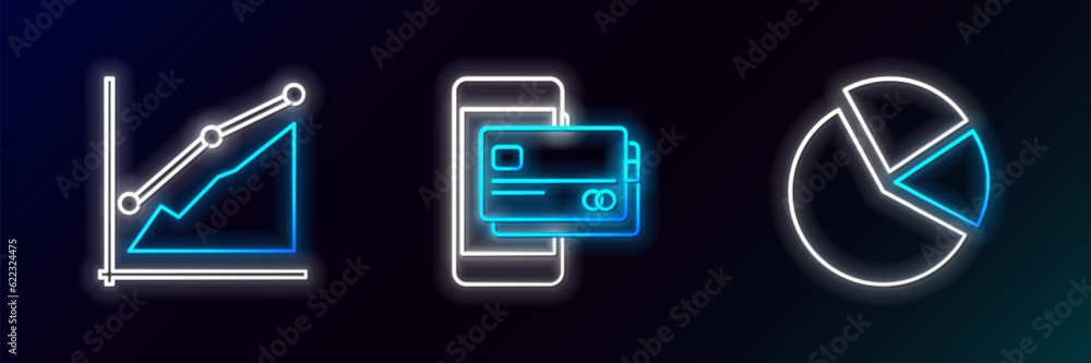 Set line Pie chart infographic, and Mobile phone and credit card icon. Glowing neon. Vector Set line Pie chart infographic, and Mobile phone and credit card icon. Glowing neon. Vector