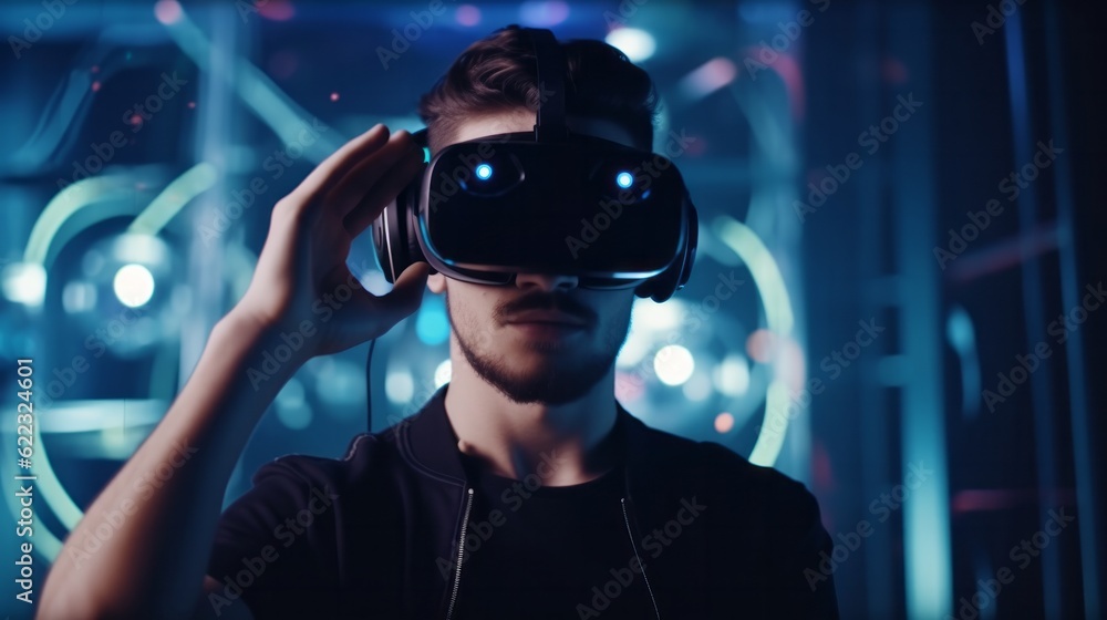 Creative prompt engineer wear headset vr goggle working with virtual reality source code augmented hand control connecting point and wiring system in future 3d world,generative ai
