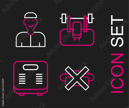 Set line No junk food, Bathroom scales, Bench with barbel and Positive thinking icon. Vector