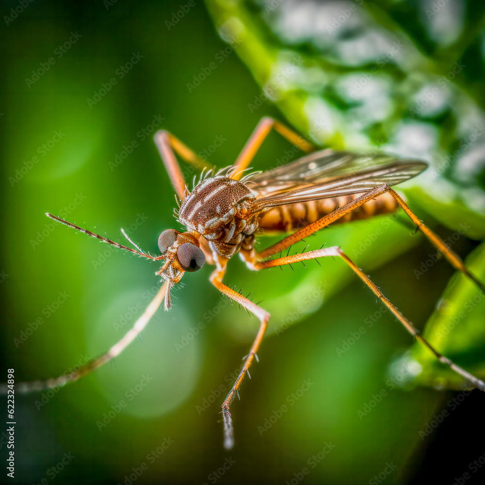 Makroaufnahme einer Mücke, Stechmücke (Culicidae) , auf einem Strauch, Generative AI Makroaufnahme einer Mücke, Stechmücke (Culicidae) , auf einem Strauch, Generative AI