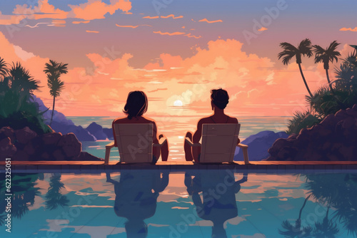 romantic swimming relax couple sunset back travel honeymoon vacation pool. Generative AI.