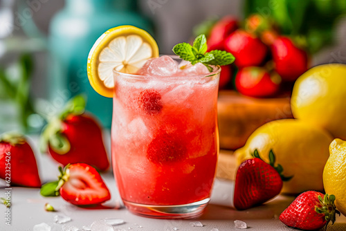 Erfrischende Erdbeerlimonade mit Zitrone und Eis im Glas  Generative AI