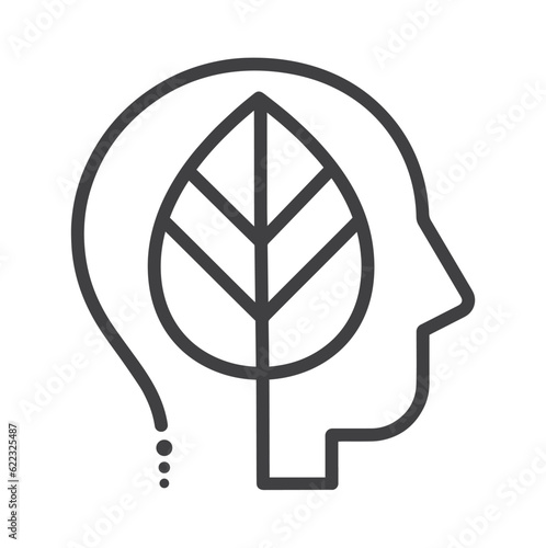 Think green sign, vector, icon. Head with green leaf.