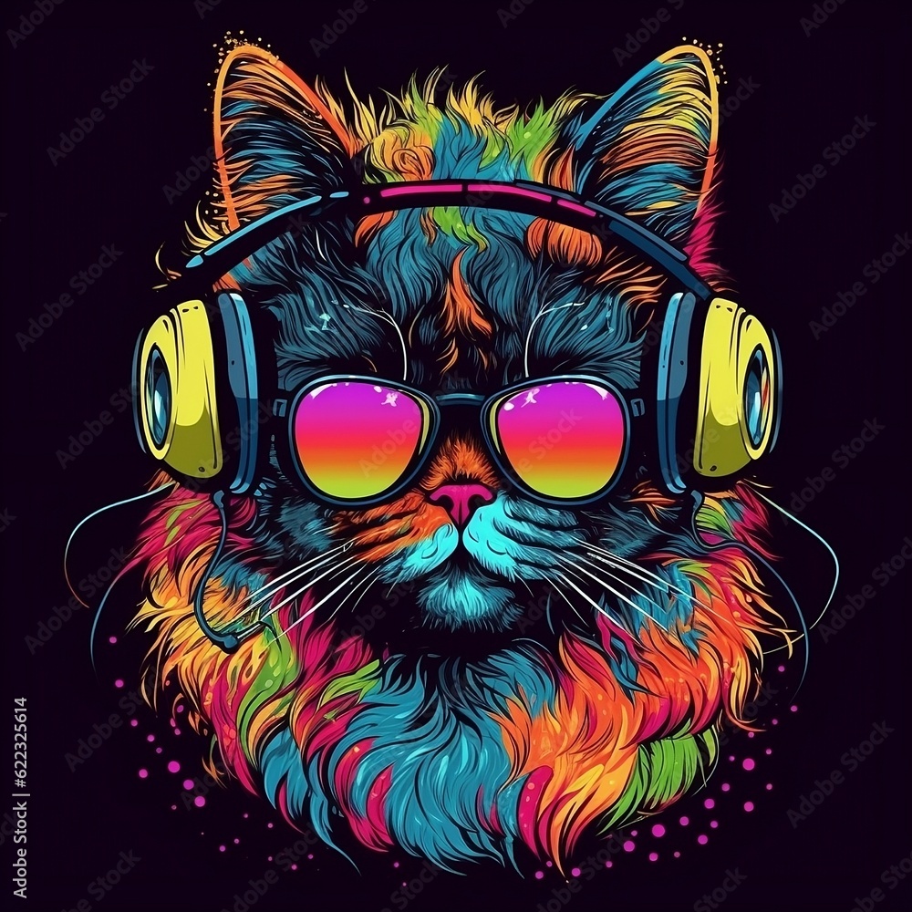 Funky cartoon Persian cat with headphones and sunglasses listening to music with vintage retro styling with a black background. Created using generative AI.