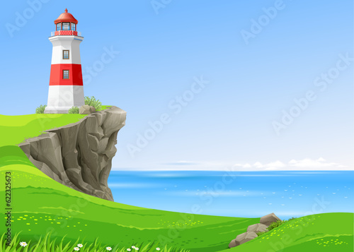 Marine white lighthouse on a high cliff