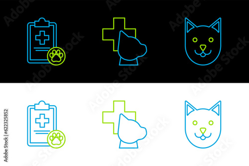 Set line Cat, Clipboard with medical clinical record pet and Veterinary symbol icon. Vector