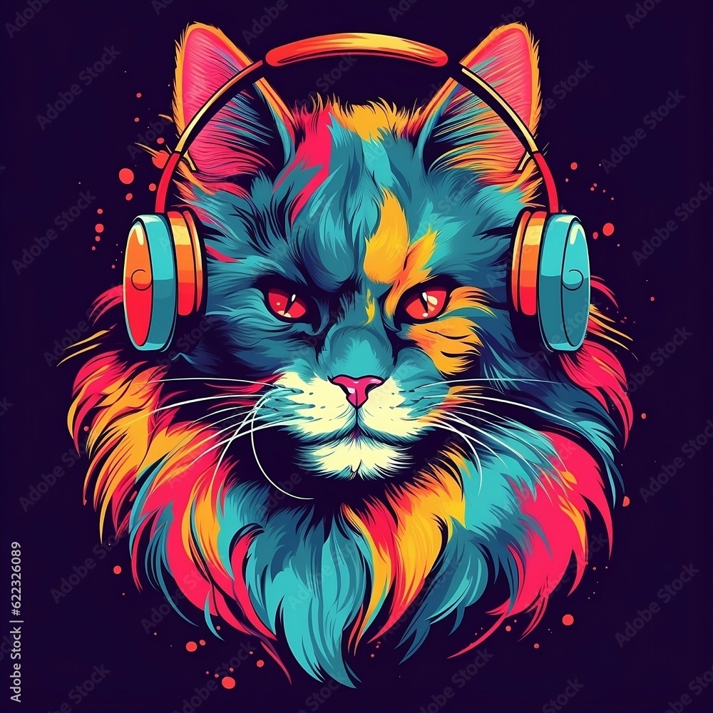 Funky cartoon Maine Coon cat with headphones listening to music with