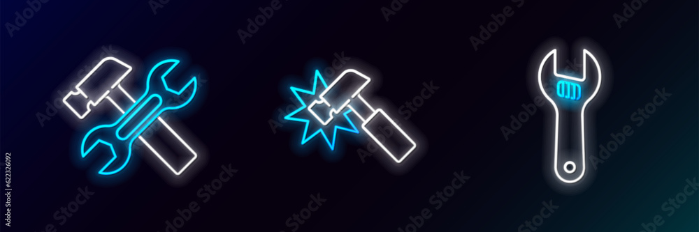 Set line Adjustable wrench, Hammer and and icon. Glowing neon. Vector Set line Adjustable wrench, Hammer and and icon. Glowing neon. Vector