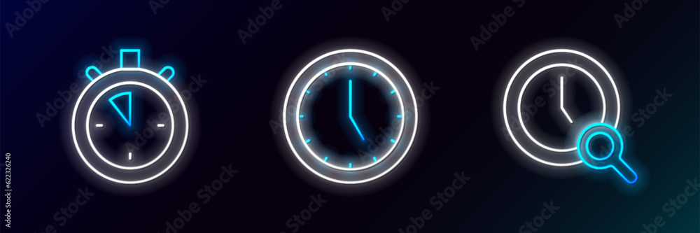 Set line Magnifying glass with clock, Stopwatch and Clock icon. Glowing neon. Vector Set line Magnifying glass with clock, Stopwatch and Clock icon. Glowing neon. Vector
