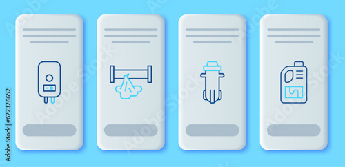 Set line Broken pipe, Water filter, Electric boiler and Drain cleaner bottle icon. Vector