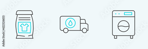 Set line Washer, Laundry detergent and Plumber service car icon. Vector