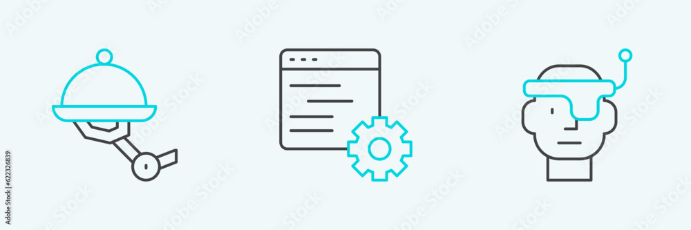 Set line Smart glasses, Waiter robot and Computer api interface icon. Vector Set line Smart glasses, Waiter robot and Computer api interface icon. Vector