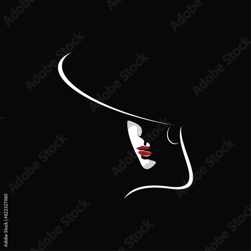 Vector illustration of black and white beautiful woman face with sexy red lips