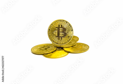  Golden bitcoin coin on white background. Close up group of many golden bitcoin coins isolated on white background. business and finance concept