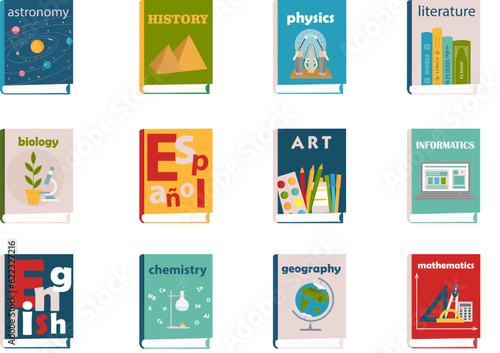 Textbooks set. Illustrated covers of textbooks. Literature for study. Back to school. Colorful books covers. Front view of books. Vector illustration.