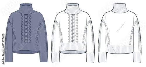 Turtleneck Sweater technical fashion illustration, grey design.  Jumper fashion flat technical drawing template, pigtails, overfit, front and back view, white, women, men, unisex CAD mockup set.