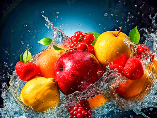 Verschiedene frische Früchte fallen in spritzendes Wasser, Generative AI