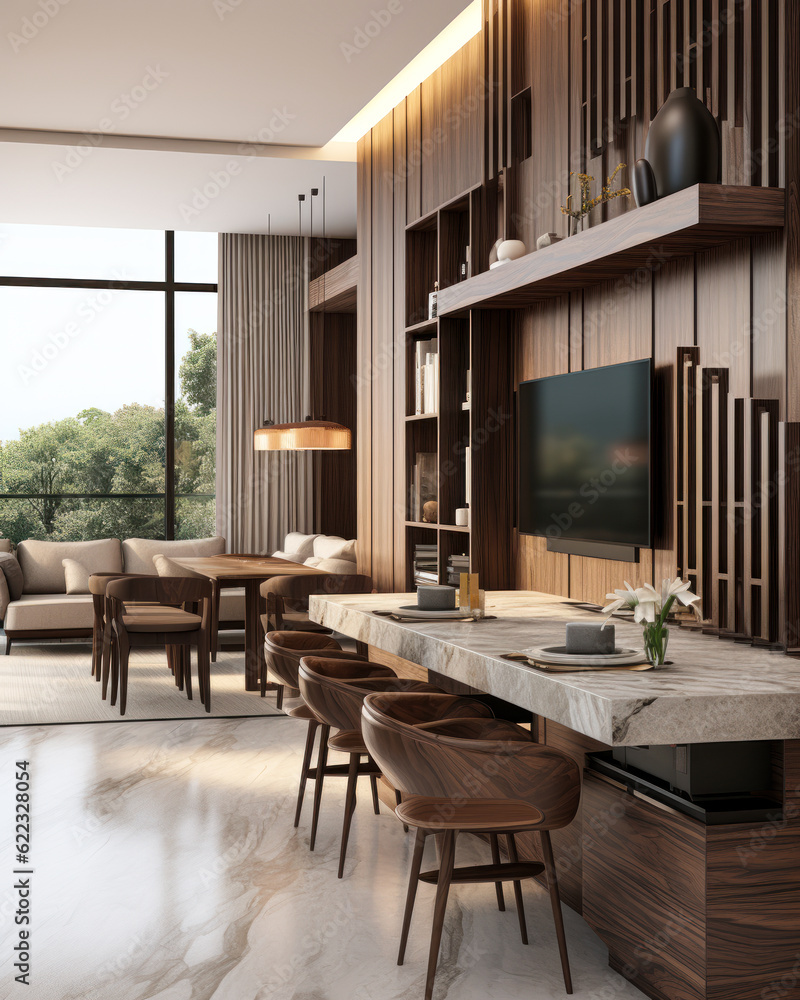 Luxurious wood dining table island with marble top, high chairs, bathed in sunlight from a curtain window, living room—an ideal 3D backdrop for interior decoration and product displays. Luxurious wood dining table island with marble top, high chairs, bathed in sunlight from a curtain window, living room—an ideal 3D backdrop for interior decoration and product displays.