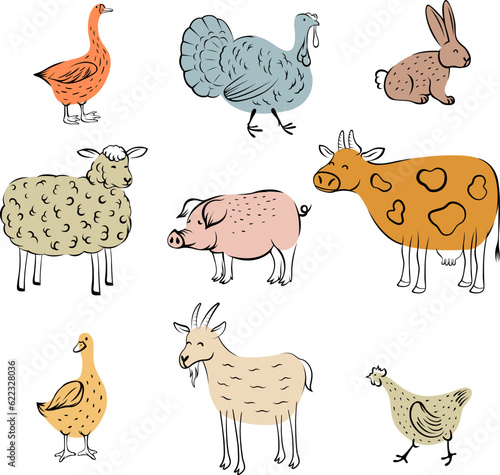 Slika na platnu Set of hand-drawn animals