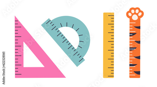Set of vector school rulers. Flat cartoon style. Cute stationery. Ruler, Triangle Ruler, Protractor. Hand drawn illustration isolated on white background.