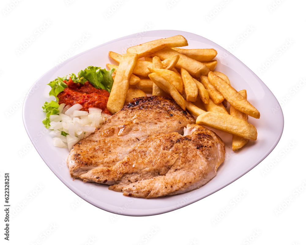chicken breast with french fries. isolated white background