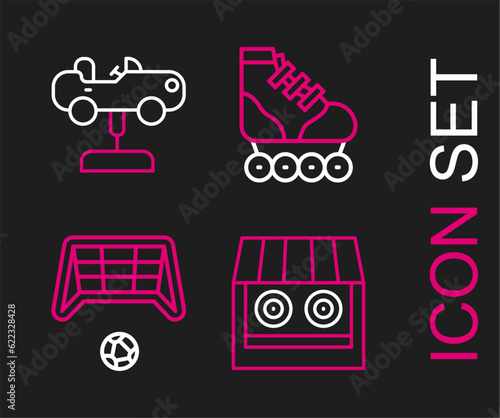 Set line Shooting gallery, Soccer goal with ball, Roller skate and Swing car icon. Vector