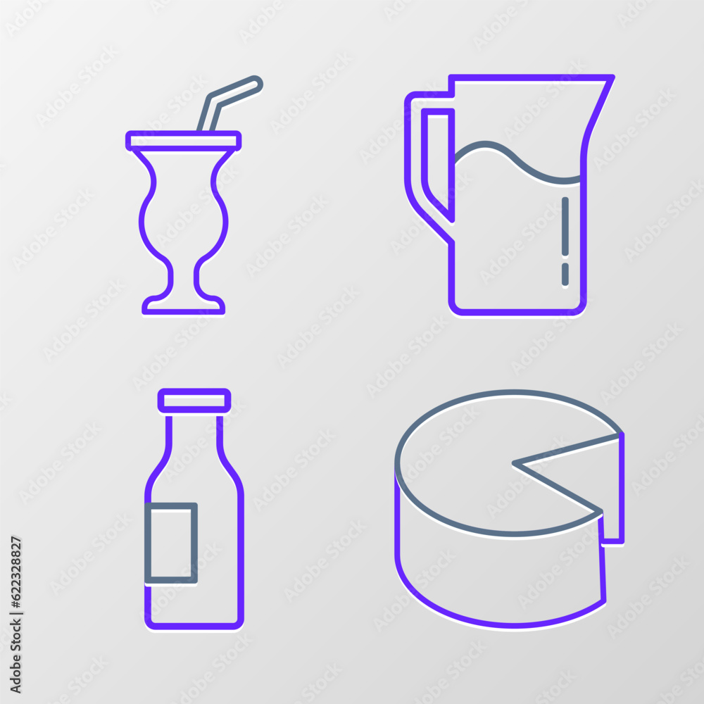 Set line Cheese, Bottle with milk, Milk jug or pitcher and Milkshake icon. Vector