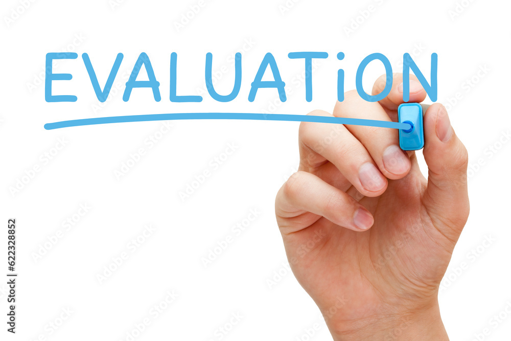 Hand writing Evaluation with blue marker on transparent wipe board. Hand writing Evaluation with blue marker on transparent wipe board.