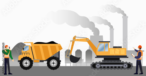dump truck, yellow mining truck for coal anthracite vector illustration, excavator digging coal mine in quarry area vector illustration, Mine workers arrange the transport of coal mines, coal industry