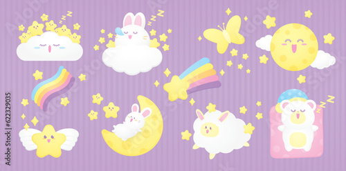 cute sweet pastel kawaii cartoon graphic vector set in night time theme