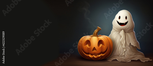 A white scary smiling ghost and an orange Halloween pumpkin on a dark background, Generative AI, generative artificial intelligence