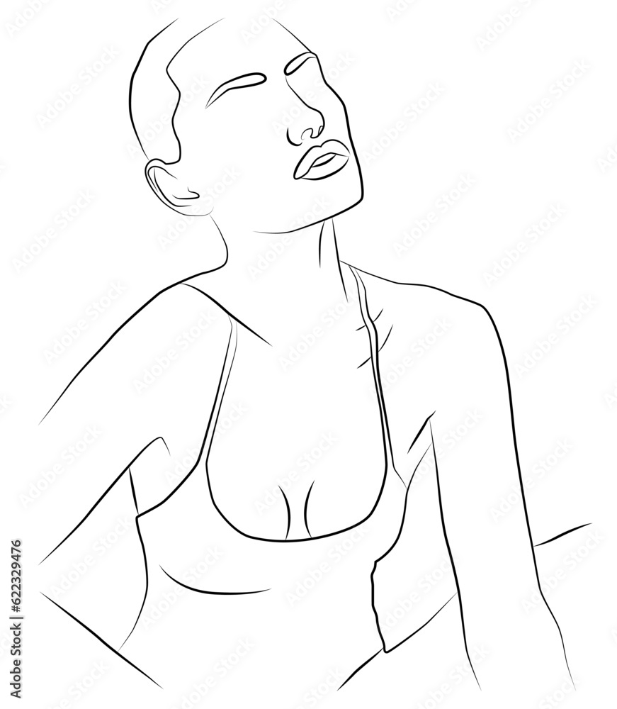 Girl. Continuous linear drawing of a portrait of a beautiful female face. The concept of skin care for young female models. Fashionable beauty model on a white background Girl. Continuous linear drawing of a portrait of a beautiful female face. The concept of skin care for young female models. Fashionable beauty model on a white background