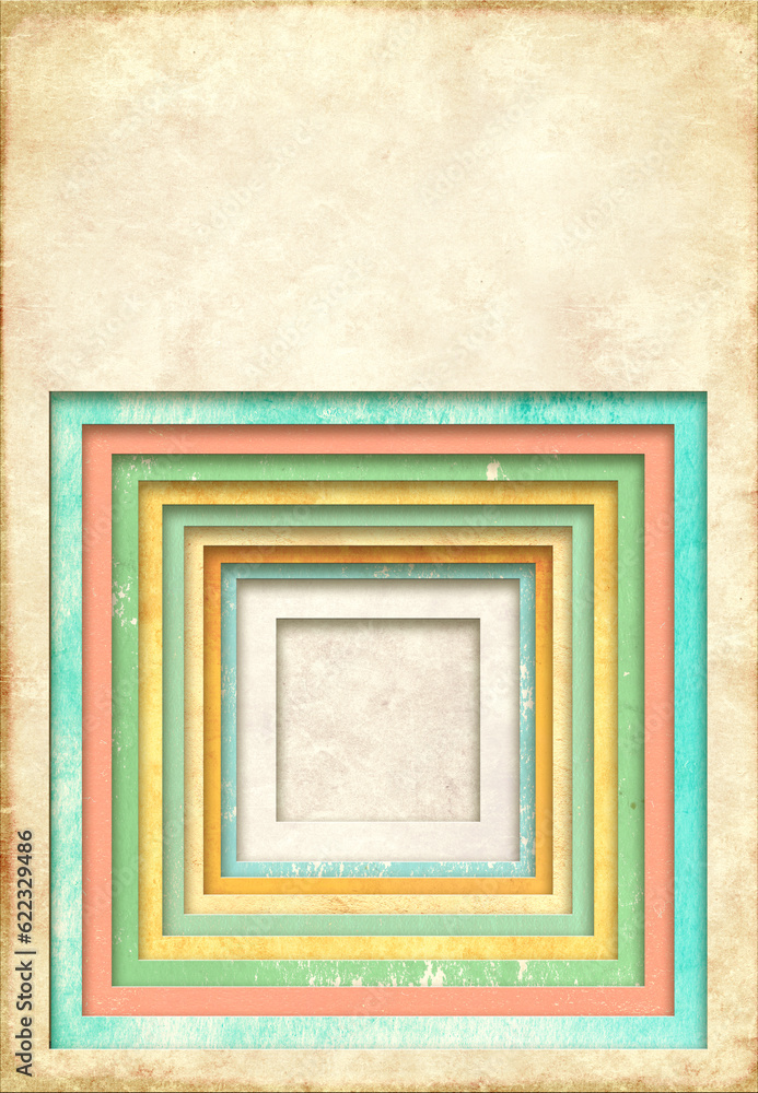 Grunge background with texture of old colored paper of pink, green, yellow, blue colors and geometric square frame Grunge background with texture of old colored paper of pink, green, yellow, blue colors and geometric square frame