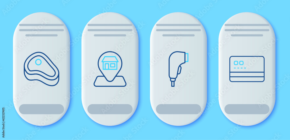 Set line Location Market store, Scanner scanning bar code, Steak meat and Credit card icon. Vector Set line Location Market store, Scanner scanning bar code, Steak meat and Credit card icon. Vector