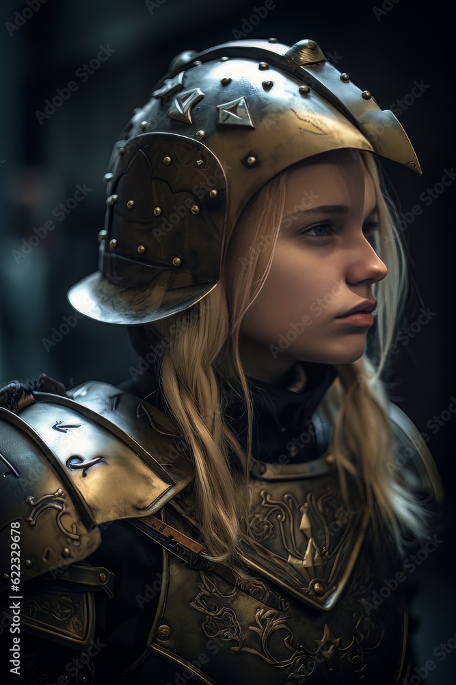 Female warrior with white hair dressed in ancient armor and helmet ...