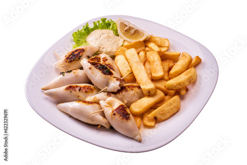 dish with stuffed squid and french fries. isolated white background
