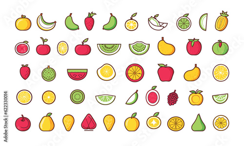 Line icons about various types of fruit.