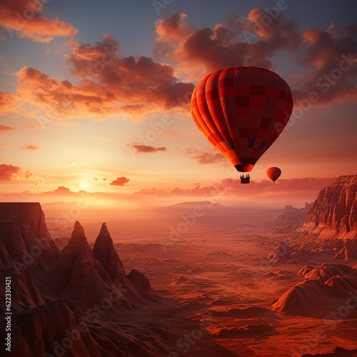 A sunset with hot air balloons in the sky