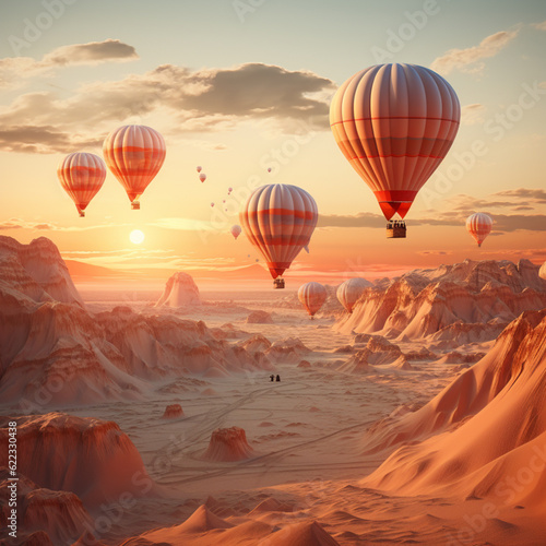 A sunrise with hot air balloons in the sky