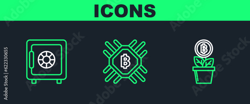 Set line Bitcoin plant in the pot, Safe and CPU mining farm icon. Vector